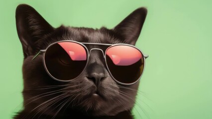 Aufkleber - Stylish black cat wearing sunglasses on a vibrant green background. Perfect for pet lovers and animal-themed designs.