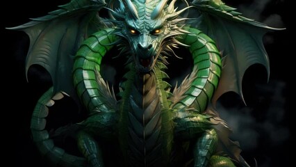 Poster - A striking green and black dragon statue on a black background. Perfect for fantasy or mythical themed projects.