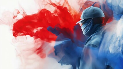 Poster - A man wearing a white shirt surrounded by red and blue smoke. Suitable for various creative projects.