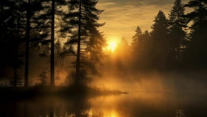 Aufkleber - Sun setting behind foggy trees, ideal for nature-themed projects.