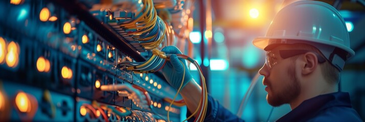 Wall Mural - electrician and engineer work on an electrical circuit with many cables for communication and data transfer