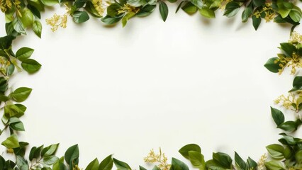 Poster - Green leaves and flowers arranged in a frame on a white background. Perfect for botanical designs.