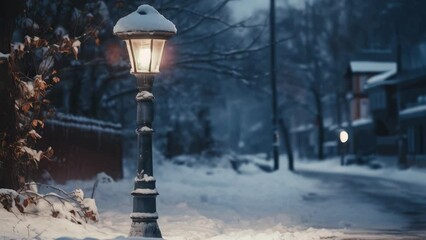 Poster - A street light shining in the middle of a snowy street. Suitable for winter concept designs.