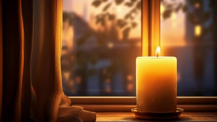 Aufkleber - A lit candle placed in front of a window. Suitable for home decor or relaxation themes.