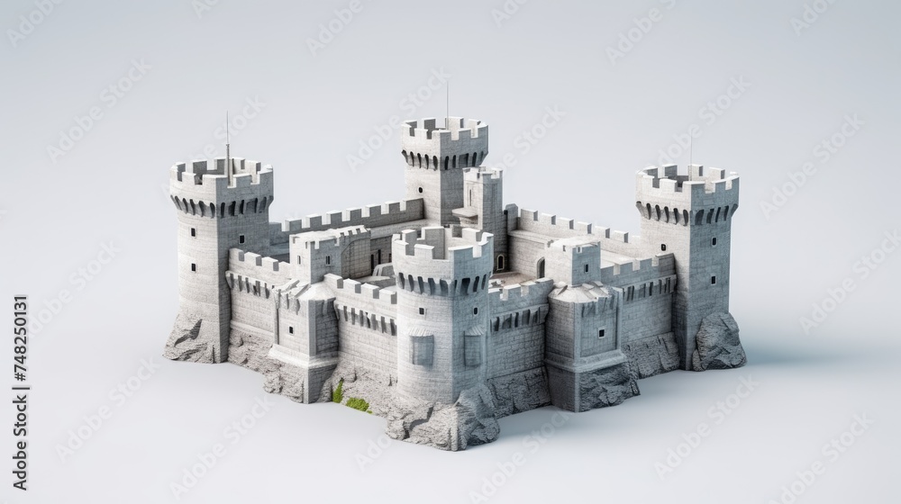 A 3D rendering of a medieval castle with four towers and a large ...