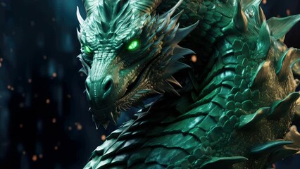 Poster - Detailed close up of a dragon with striking green eyes. Suitable for fantasy and mythical themes.