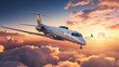 A private jet flies high above the clouds at sunset. The sky is a brilliant orange and yellow, and the clouds are a soft, fluffy white.