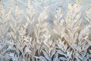 Poster - Intricate frost patterns spread across a windowpane, resembling a wintry forest with delicate leafy details