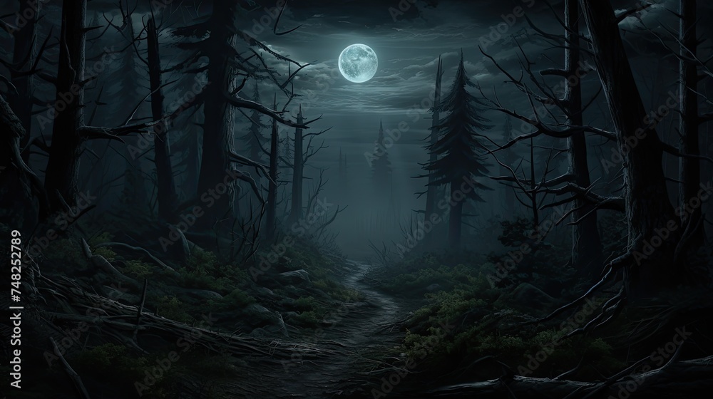 A dark and mysterious forest path at night. The full moon shines ...