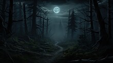 A Dark And Mysterious Forest Path At Night. The Full Moon Shines Through The Tall Trees. The Path Is Overgrown With Weeds And Fallen Leaves.
