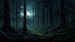 A dark and mysterious forest with a full moon shining through the trees.