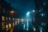 Fototapeta Londyn - a city street at night, with a misty, cloudy sky and a crescent moon