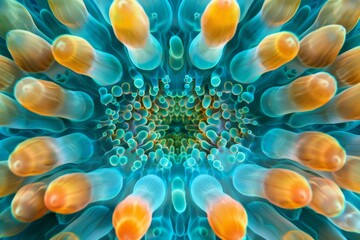 Poster - A visually captivating closeup of a sea anemone with tentacles in a symphony of fluorescent hues, illustrating ocean life's delicate beauty