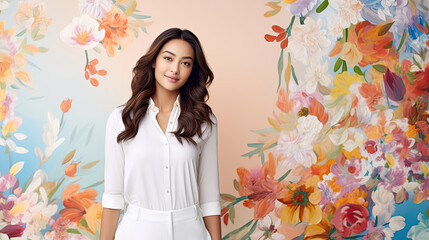 Wall Mural - Stylish Asian woman in white shirt and trousers on floral wall background. Spring fashion clothing banner in orange and red colors.