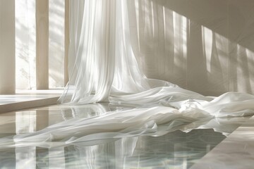 Aufkleber - Soft white curtains gently draping over a serene poolside setting, conveying luxury and calm