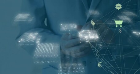 Poster - Animation of data processing with network of connections over businessman using smartphone