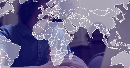 Poster - Animation of world map and data processing over caucasian businessman using laptop in office