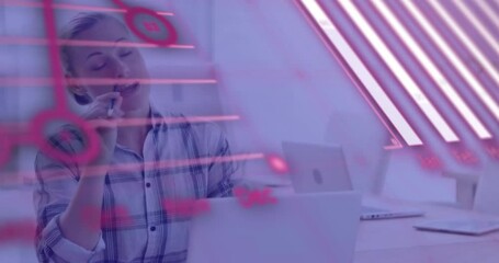Poster - Animation of financial data processing over caucasian businesswoman using laptop in office