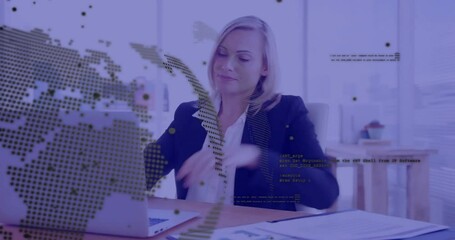 Poster - Animation of financial data processing over caucasian businesswoman using laptop in office