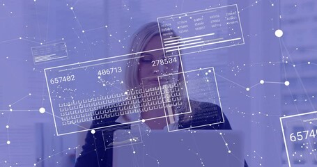 Poster - Animation of financial data processing over caucasian businesswoman using laptop in office