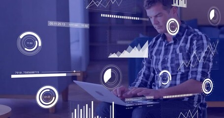 Poster - Animation of financial data processing over caucasian businessman using laptop in office