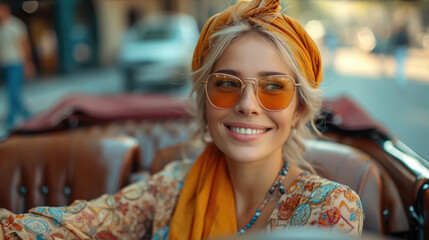 Sticker - elegant smiling lady in a dress, scarf and glasses in an open cabriolet, woman, girl, style, beauty, vacation, car, road, driver, transport, travel, retro, vintage, trip, leisure, luxury