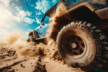 Close-up view of SUV wheel in desert sand with motion blur effect. Vehicle driving across the desert, kicking up a trail of sand under a bright blue sky. Off-road safari adventure