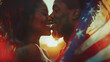 Couple kissing with American flag overlay.