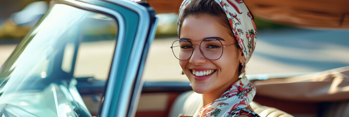 Wall Mural - elegant smiling lady in a dress, scarf and glasses in an open cabriolet, woman, girl, style, beauty, vacation, car, road, driver, transport, travel, retro, vintage, trip, leisure, luxury