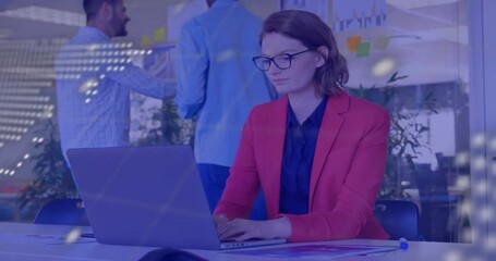 Poster - Animation of financial data processing over caucasian businesswoman using laptop in office