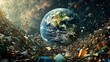 Concept of global pollution. Many types of debris in Earth's orbit as seen from space.