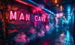 Vibrant neon sign spelling MAN CAVE on a brick wall backdrop enveloped in a mystical blue and red smoke, symbolizing a personal retreat or leisure space