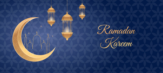 Wall Mural - ramadan kareem islamic greeting card background vector illustration. Golden moon and lamp. design template illustration with 3d realistic golden lantern