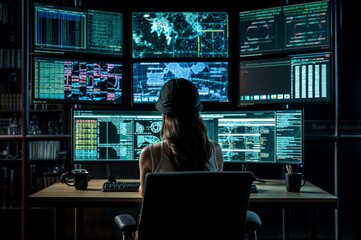 Poster - Computer Spreadsheet Data Analyst Woman Using Multiple