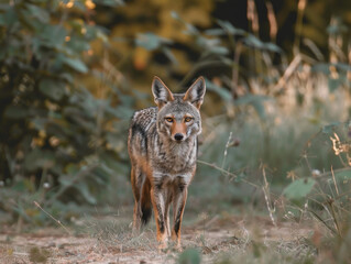  An alert jackal standing in the field.