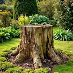 Tree stump in a lush garden.