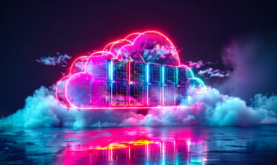 Poster - futuristic neon cloud computing concept with glowing, cybernetic server racks within a cloud icon, r