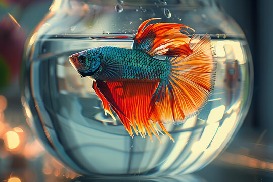 A majestic Siamese fighting fish with vibrant colors and long fins swimming in a clear glass bowl.