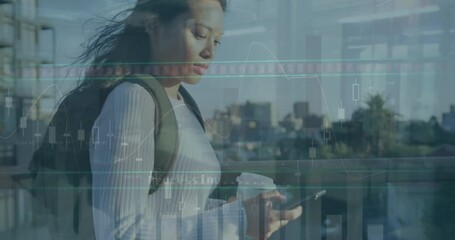 Poster - Animation of financial data processing over biracial woman using smartphone on the go