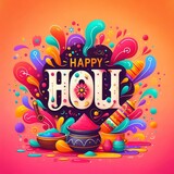 Fototapeta Perspektywa 3d - Happy Holi poster design with typography, hand painted with a splash of colorful gulal background and pot. Modern minimal style. Horizontal poster, and greeting card, created with generative AI