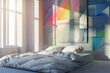 © ADDICTIVE STOCK - AI Generated Image. Modern loft bedroom interior with cubism decorated wall and comfortable double bed
