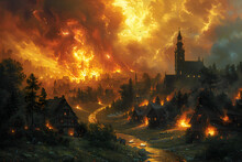 A Vintage Painting Of An Easter Fire Overlooking A Countryside Village.