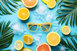 © ADDICTIVE STOCK - Generative AI illustration of vibrant summer themed backdrop featuring citrus fruits, ice cubes, and sunglasses, evoking a refreshing tropical atmosphere