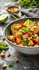Wall Mural -  Red Curry Chicken Stir Fry with Spicy Cashew Sauce. Copy space, vertical
