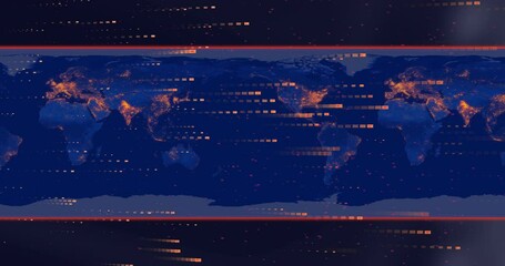 Poster - Animation of orange data trails processing over blue world map and black borders