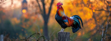 Morning Charm, Colorful Rooster On Wooden Pole At Sunrise