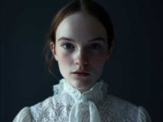 Poster - a woman with freckles wearing a white blouse