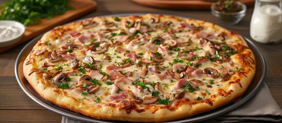 Canvas Print - A freshly baked pizza with mozzarella, ham, chiffonade, and sliced mushrooms is resting on a metal pan on a wooden table.