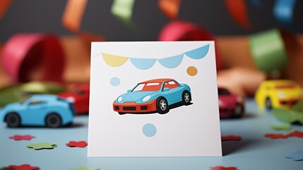 Poster - a blank invitation card, product photo style, kids birthday party themed cars--v 6.0 --ar 16:9 Job ID: abaabe7f-3aba-4f8b-9cc6-1e32f882d233