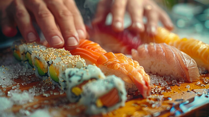 Wall Mural - Fresh sushi plate with salmon, tuna, and rice.